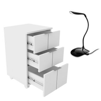 Combo Office - Gaveteiro 3 Gavetas Com Rodízios Branco Fosco E Luminária Led Usb 3 Níveis De Luz Preta - Ac272k