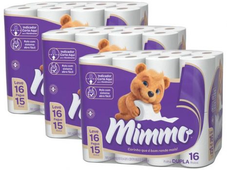 Kit Papel Higiênico Folha Dupla Mimmo 16 Rolos - 30m com 3 Unidades