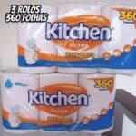 Papel Toalha Folha Dupla Jumbo Kitchen - 3 Rolos 360 Folhas
