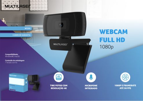 Webcam Full HD 1080P 4K Microfone USB Preto Multilaser - WC050
