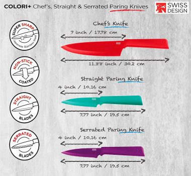 Kuhn Rikon com revestimento antiaderente e bainhas de segurança, Red, Teal and Purple, Set of 3, 1