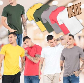 Kit 5 Camisetas Masculinas Básicas 100% Algodão Penteado