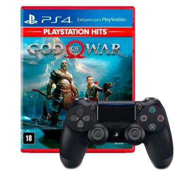 Kit Controle Sony Dualshock 4 PS4, Sem Fio, Preto + Jogo God of War Hits PS4