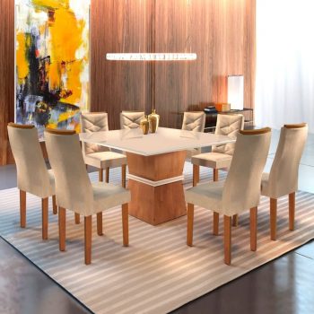 Conjunto Sala De Jantar Mesa Tampo Slim Vidro Plus 8 Cadeiras Germany Espresso Móveis