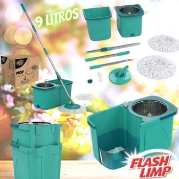 Mop Giratório Pró duas águas, balde com 9 litros, Cesto Inox e Divisor de água, MOP7824, Flash Limp