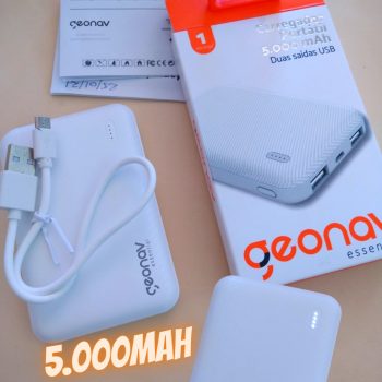 Carregador Portátil Universal 5.000mAh, 2 portas USB 2.1A, Led Indicador de bateria, Branco, ES5KWT,Geonav