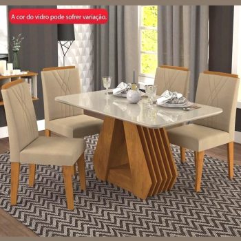 Conjunto de Mesa Cimol Agata 1,30 com 4 Cadeira Nicole Savana/Off White/Caramelo