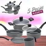 Conjunto de Panelas 5 Peças Alegrete Basic em Alumínio com Revestimento Antiaderente e Tampa de Vidro com Saída de Vapor - Cinza