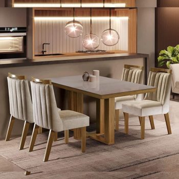 Conjunto Sala de Jantar Mesa Tampo MDF e Vidro e 4 Cadeiras Lottus