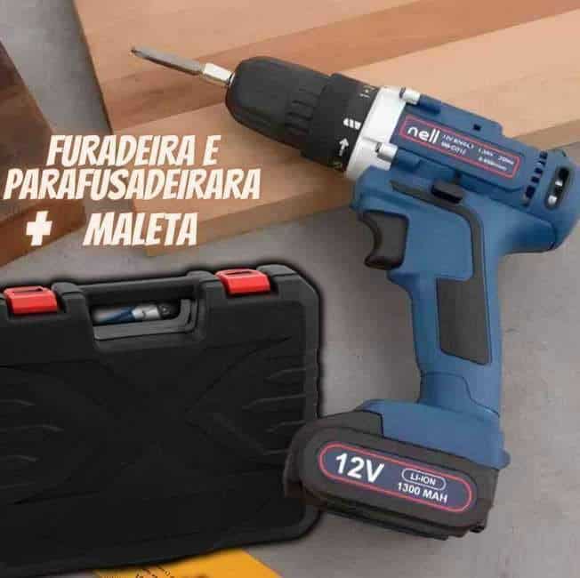 Furadeira e Parafusadeira a Bateria 12V 3/8" com Maleta + 13 Peças Nell