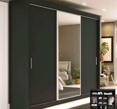 Guarda Roupa Casal Espelhado 3 Portas 1 Porta Espelho 4 Gavetas 188,5cm Viena Yescasa Preto