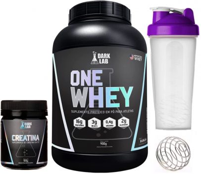 Kit One Whey Protein 900g Morango + Creatina 100g + Coqueteleira Roxa Dark Lab