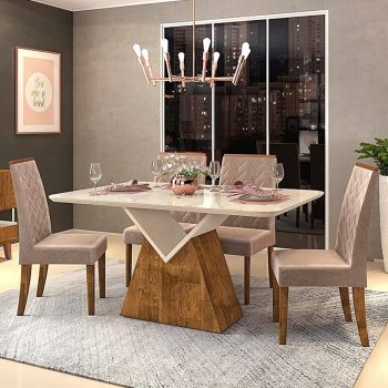 Mesa de Jantar Argo 136 cm Off White com 4 Cadeiras Áurea Demolição e Veludo Kraft dj Móveis
