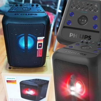 PHILIPS Party Speaker bluetooth com luzes de led, bluetooth, usb, auxiliar, entradas para microfone e guitarra e energia para 14h TANX100/78, preto, padrão