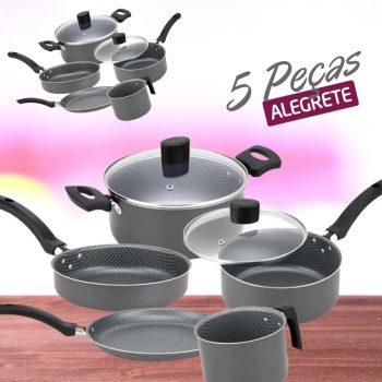 Conjunto de Panelas 5 Peças Alegrete Basic em Alumínio com Revestimento Antiaderente e Tampa de Vidro com Saída de Vapor - Cinza