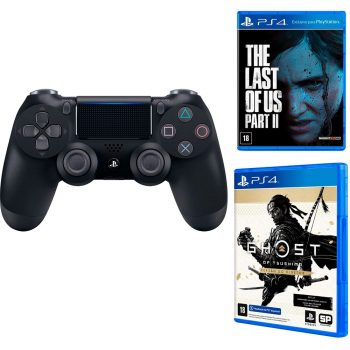 Controle sem Fio Dualshock 4 Sony PS4 - Preto + Game Ghost Of Tsushima Versão do Diretor - PS4 + Game The Last Of Us Part II - PS4