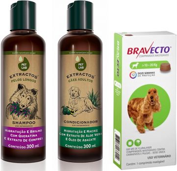 Kit Bravecto Comprimido mastigável 500 mg + PetLab Extractos Shampoo Pelos Longos 300mL e Condicionador 300mL, Bravecto & PetLab, Verde