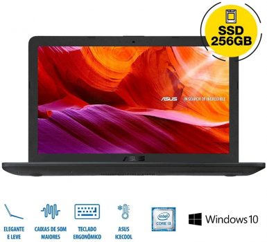 ASUS Notebook VivoBook, Intel Core i3 7020U, 4GB, 256GB SSD, Tela de 15,6", Windows 10, Cinza Escuro - X543UA-GQ3430T