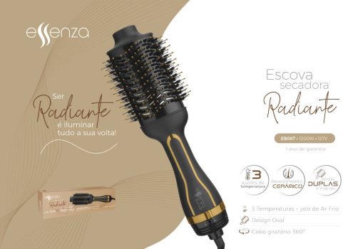 Escova Secadora Multilaser Essenza EB087, 3 Temperaturas, 1200W, Preto/Dourado