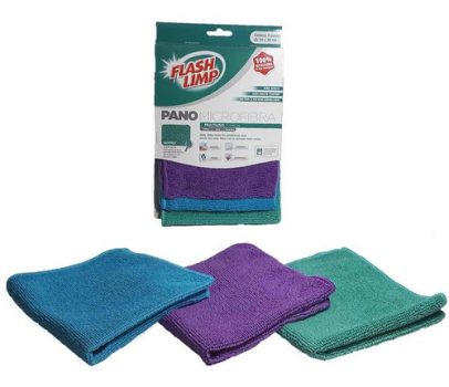 Pano Microfibra Multiuso, 3 Peças, Azul/Verde/Roxo, Flash Limp