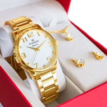 Relógio Champion Feminino Dourado Analógico Prova D´agua + Kit Brinde Colar e Brincos