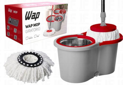 WAP MOP GIRATÓRIO INOX Esfregão Multiuso para Limpeza Balde Centrífuga 14 Litros 360° Cabo Ajustável Alça Rodas e Refil