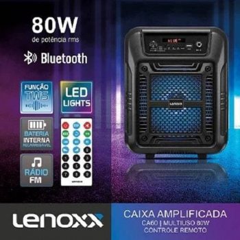 Caixa de Som Amplificada Lenoxx CA60 Bluetooth, Rádio FM, USB - 80W
