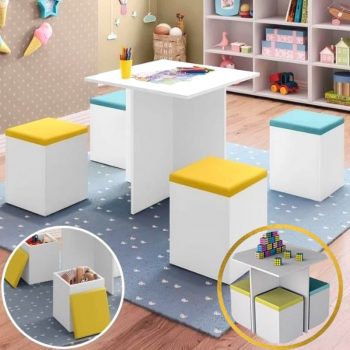 Conjunto Mesa infantil com 4 Banquetas Funny - Branco/Azul/Amarelo