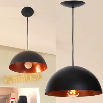 Pendente Ônix Meia Esfera Preto E Cobre Alumínio 30Cm Luminária Lustre