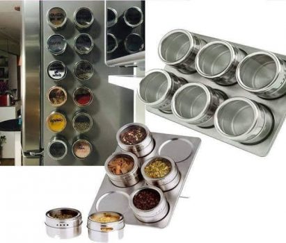 Jogo de 6 Porta Condimentos Inox com Suporte Retangular Mimo Style Prata