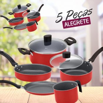 Conjunto de Panelas 5 Peças Alegrete Basic em Alumínio com Revestimento Antiaderente e Tampa de Vidro com Saída de Vapor - Vermelho