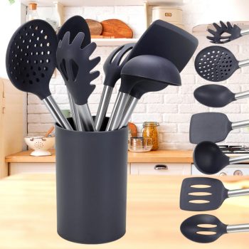 Conjunto de Utensílios de Silicone Cinza 7 Peças com Suporte Cabo em Inox - Casual Home