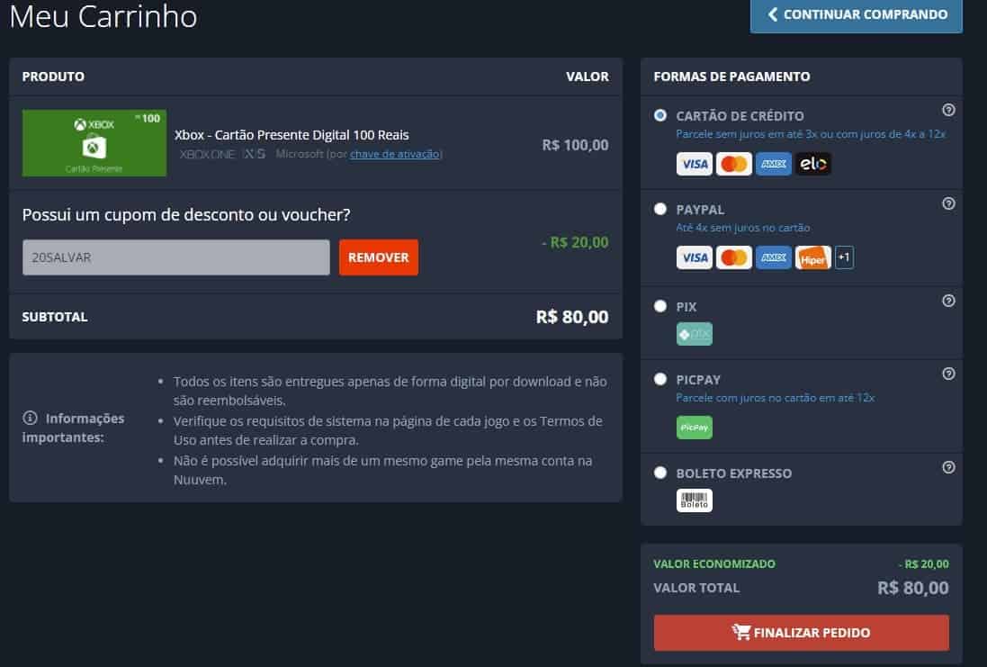 Gift Card STEAM: 20 Reais - Cartão Presente Digital