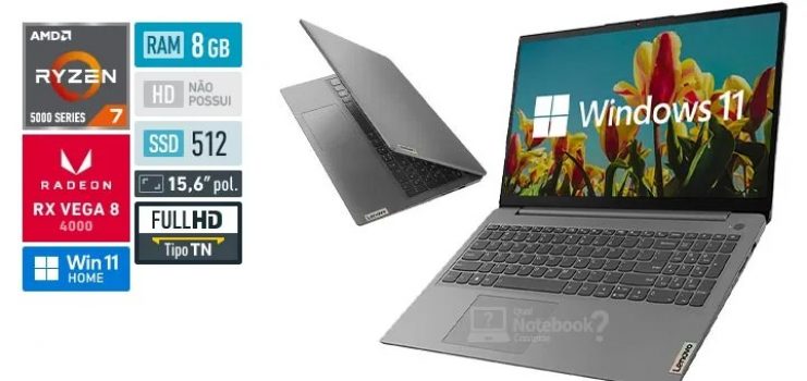 Notebook Lenovo Ultrafino Ideapad 3 R7-5700u 8gb 512gb Ssd Windows 11 15.6 82mf0008br Cinza