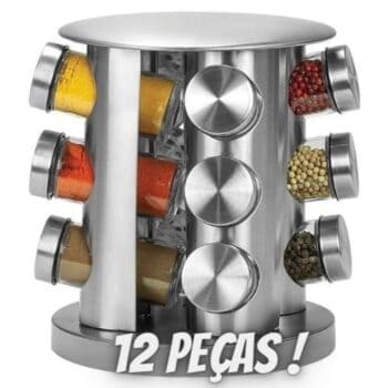Porta condimentos 12 peças com Suporte Giratório Inox, VDR5456-12, Euro Home
