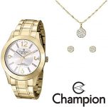 Relógio Champion Feminino CN29418B, kit com colar e brincos, pulseira em aço dourada