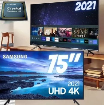 Samsung Smart TV UHD 4K 75″ com Processador Crystal 4K, Controle Único, Alexa Built in e Wi-Fi – UN75AU7700GXZD