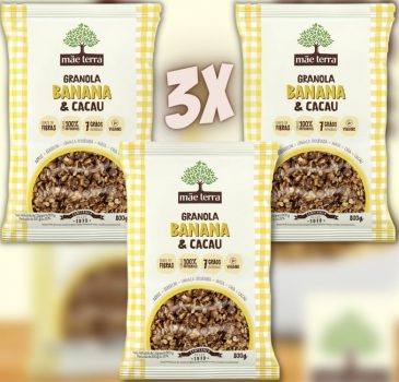 3 Un. Granola Mistura de Flocos de Cereais Integrais Banana & Cacau com Arroz, Gergelim, Linhaça, Aveia, Chia, Cacau e Toque de Jatobá Mãe Terra Pacote 800g