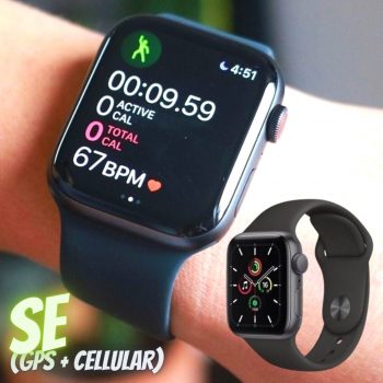 Apple Watch SE (GPS + Cellular), Caixa em alumínio prateado de 40 mm com Pulseira esportiva azul abissal