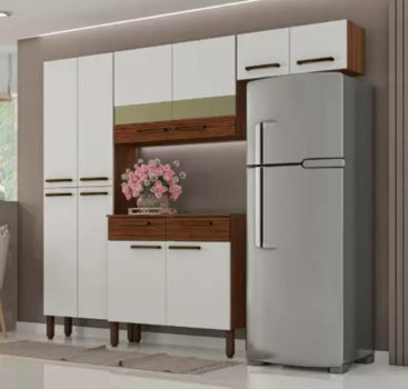 Armário de Cozinha Completa Nala 4 Peças 10 Portas 2 Gavetas Ripado / Nogueira / Off White