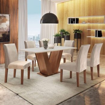 Conjunto Sala de Jantar Mesa Tampo MDF 6 Cadeiras Espanha Yescasa Chocolate / Off White