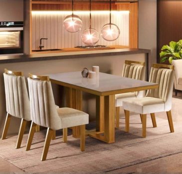 Conjunto Sala de Jantar Mesa Tampo MDF e Vidro e 4 Cadeiras Lottus