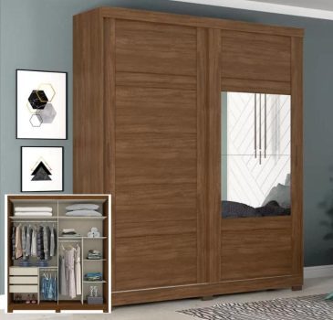 Guarda-roupa Casal com Espelho 2 Portas de Correr - 3 Gavetas Henn Zambezy