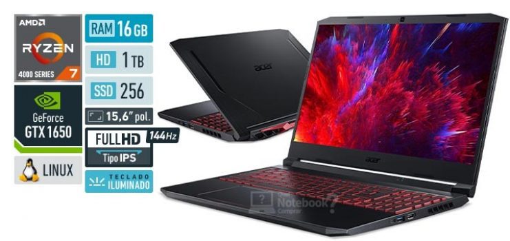 Notebook Gamer Acer Nitro 5 AMD Ryzen 7-4800H, GeForce GTX 1650, 16GB RAM, SSD 256GB NVMe, HDD 1TB, 15.6 FHD 144Hz, Linux - AN515-44-R4C8