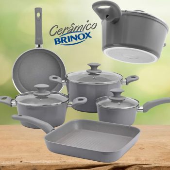 Jogo de Panelas Brinox Revestimento Cerâmico - de Alumínio Marble Cinza 5 Peças