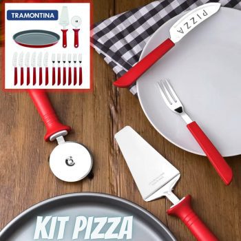 Kit Pizza Faqueiro Tramontina Lâminas Aço Inox e Cabos Polipropileno Vermelho 14 Peças + Forma