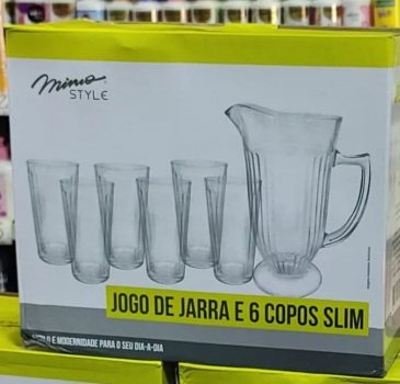 Mimo Style Jogo de Jarra 1L e 6 Copos de Vidro 260ml Transparente Linha Slim com Alto Relevo, Kit Prático para Sua Cozinha, Ideal para Servir Água, Suco e Outras Bebidas
