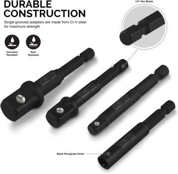 Neiko Adaptador de soquete de impacto 00244A e suporte de brocas magnéticas, conjunto de 4 peças | Haste hexagonal de 0,6 cm com unidade de 1/4, 3/8, 1/2" | CR-V