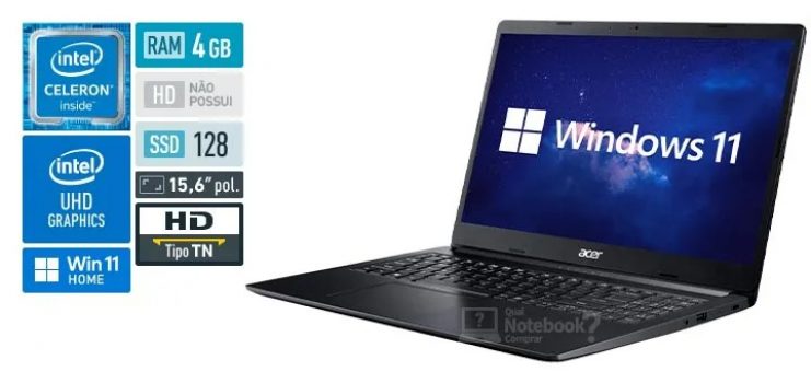 Notebook Acer Aspire 3 A315-34-C9WH Intel Celeron N4020 4GB 128GB SSD W11 15.6” - Preto