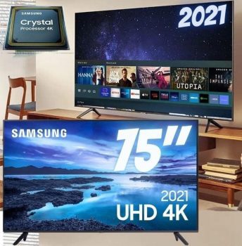 Smart TV LED 75" 4K UHD 75AU7700 Samsung com Processador Crystal 4K, Tela sem limites, Visual Livre de Cabos, Alexa built in, Controle Único